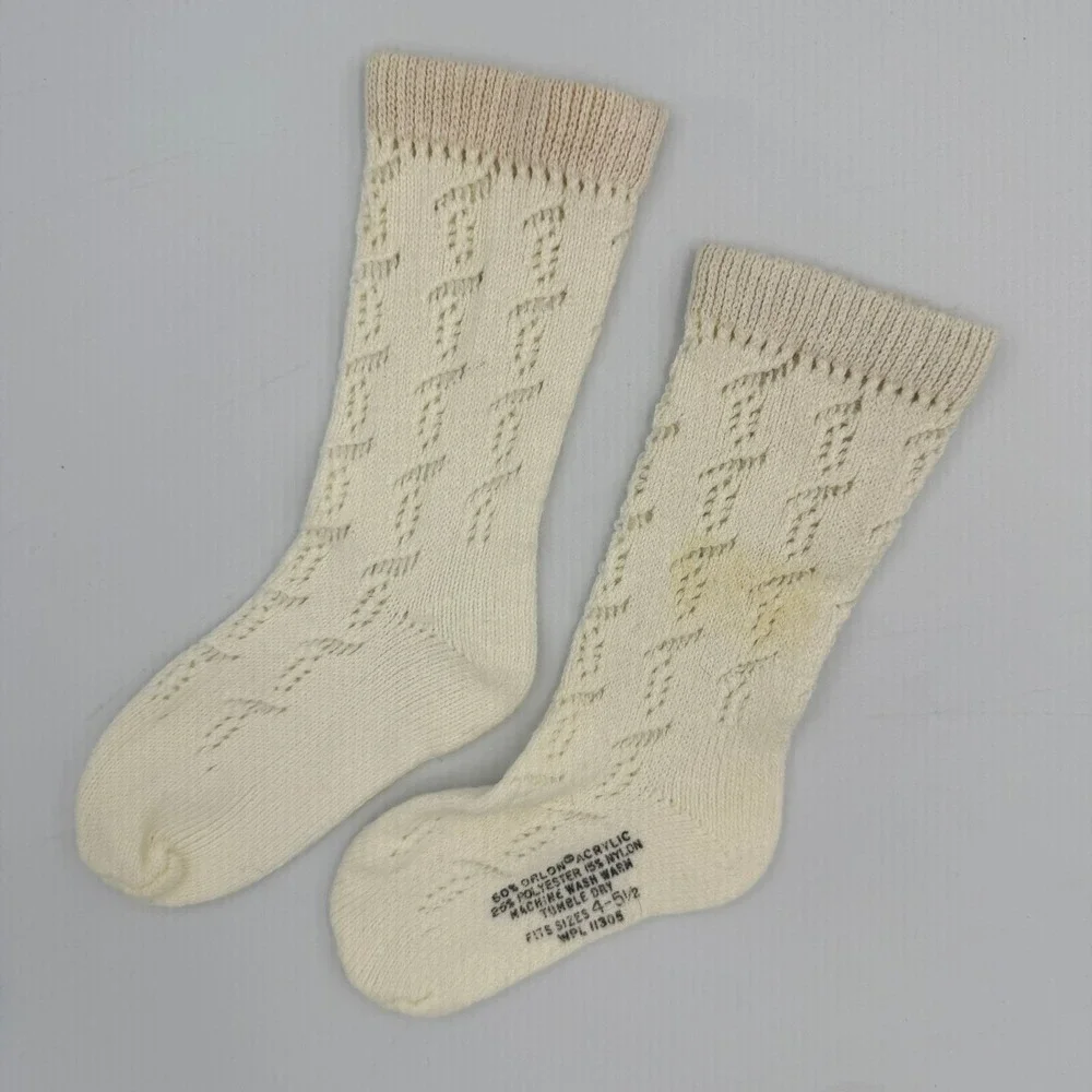 VTG 50/60s‎ Kids Cream Cable Knit Socks Orlon Acrylic Nylon Blend Size 4-5.5 USA